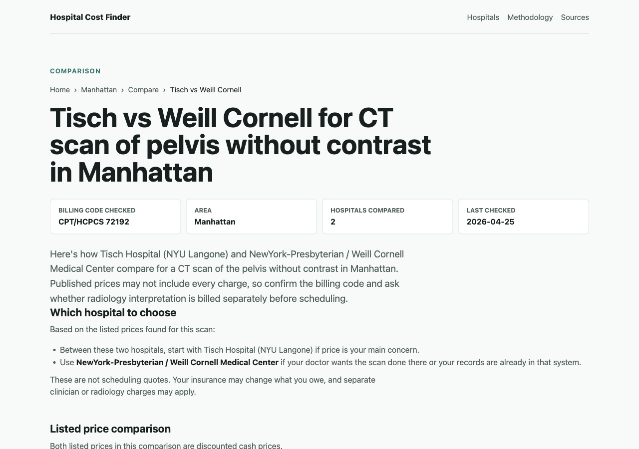 Hospital Cost Finder comparison page screenshot